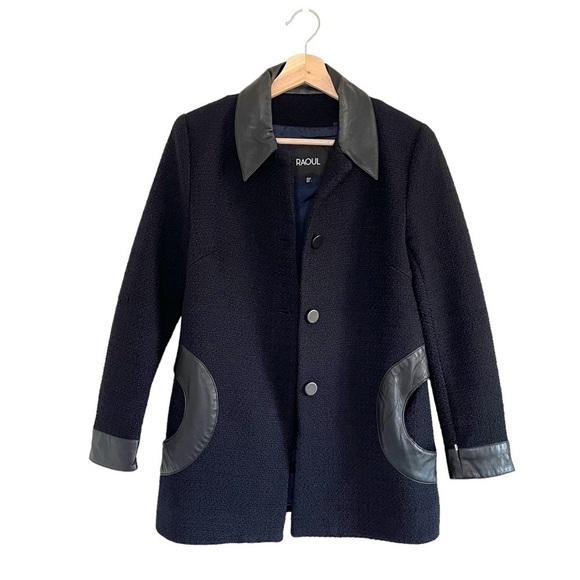 Raoul Boucle Wool Leather Trim Button Front Jacket Mixed Media Navy Black Size 2 - Picture 1 of 14